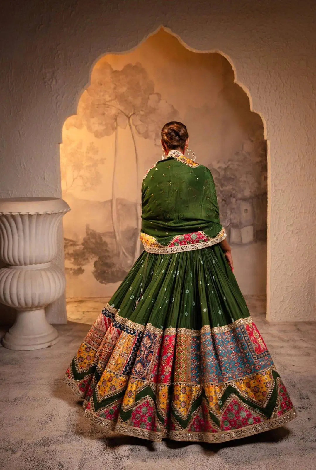 Dark Green Digital Print with Mirror Lampi Lace Work Heavy Muslin Cotton Lehenga Back